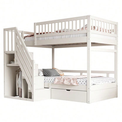 Etagenbett Aus Massivholz 90*200 cm, Mit Hohem Sicherheitsgitter, Mit Lattenrost, Sicherheitsleiter mit Stauraum, Mit Stauschubladen, Kinderbett Jugendbett, Weiß