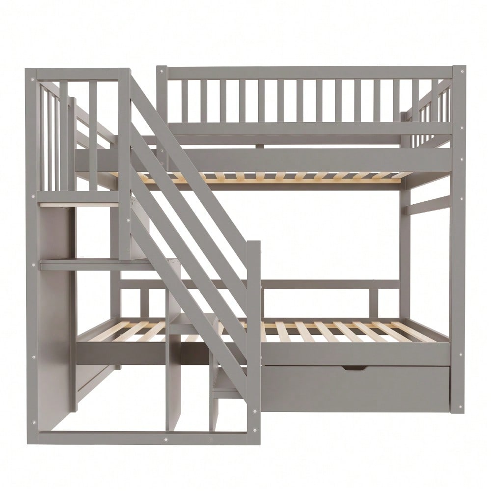 Etagenbett Aus Massivholz 90*200 cm, Mit Hohem Sicherheitsgitter, Mit Lattenrost, Sicherheitsleiter mit Stauraum, Mit Stauschubladen, Kinderbett Jugendbett, Grau