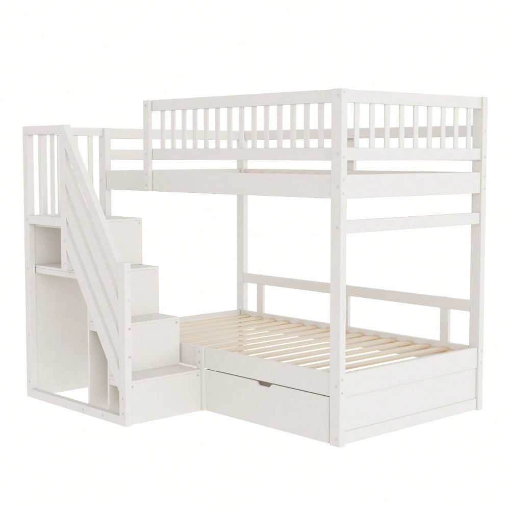 Etagenbett Aus Massivholz 90*200 cm, Mit Hohem Sicherheitsgitter, Mit Lattenrost, Sicherheitsleiter mit Stauraum, Mit Stauschubladen, Kinderbett Jugendbett, Weiß