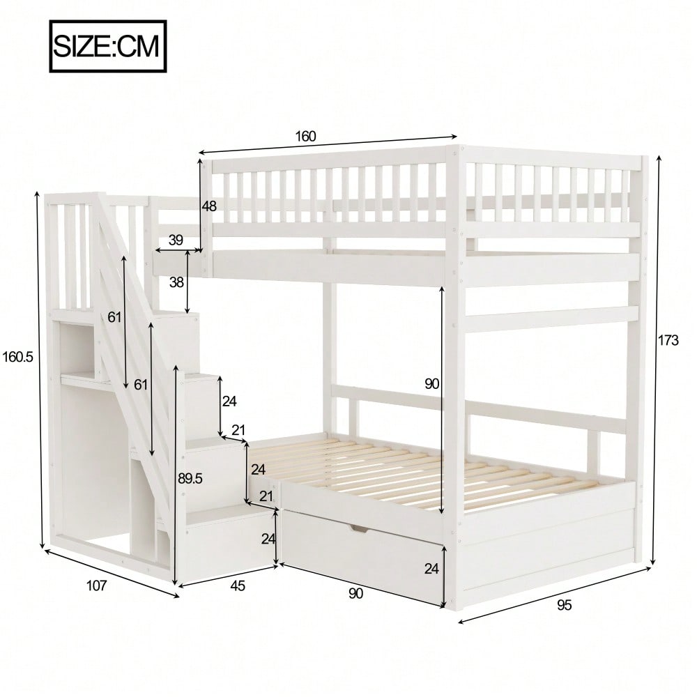 Etagenbett Aus Massivholz 90*200 cm, Mit Hohem Sicherheitsgitter, Mit Lattenrost, Sicherheitsleiter mit Stauraum, Mit Stauschubladen, Kinderbett Jugendbett, Weiß