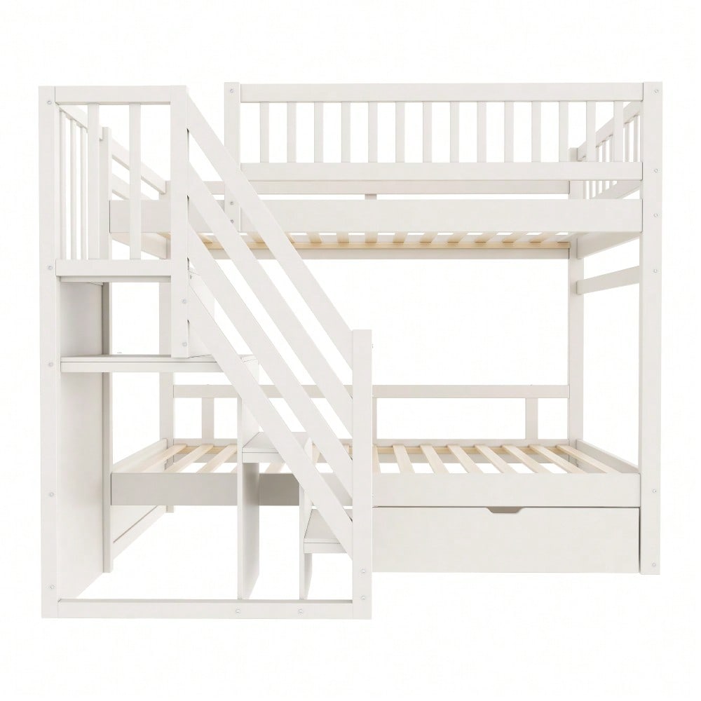 Etagenbett Aus Massivholz 90*200 cm, Mit Hohem Sicherheitsgitter, Mit Lattenrost, Sicherheitsleiter mit Stauraum, Mit Stauschubladen, Kinderbett Jugendbett, Weiß