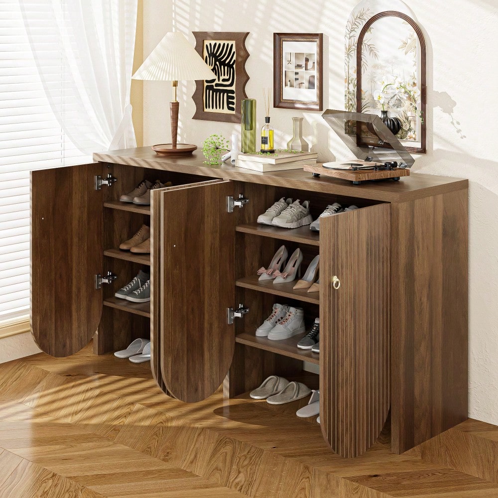 Elegantes Sideboard in Walnussoptik – 147×40×80 cm mit 4 Türen, verstellbaren Einlegeböden & Alugriffen – Vielseitiger Aufbewahrungsschrank für Wohnzimmer, Esszimmer & Flur