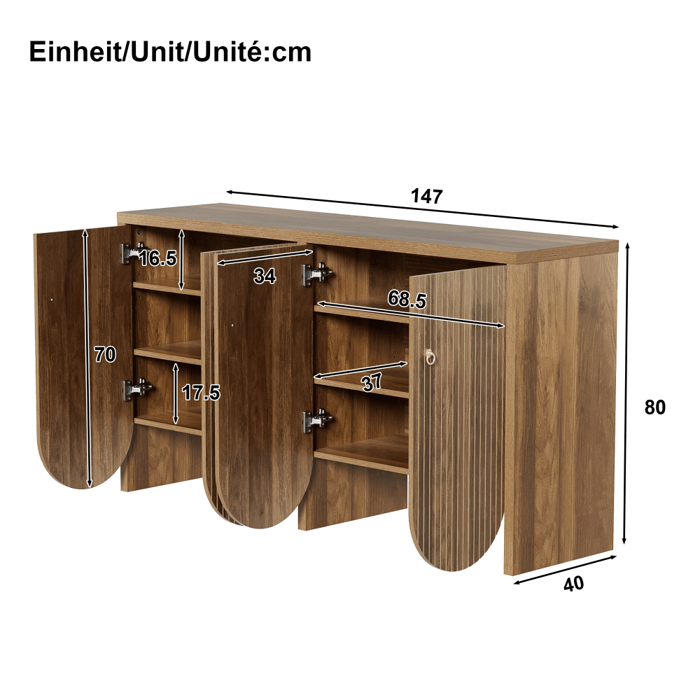 Elegantes Sideboard in Walnussoptik – 147×40×80 cm mit 4 Türen, verstellbaren Einlegeböden & Alugriffen – Vielseitiger Aufbewahrungsschrank für Wohnzimmer, Esszimmer & Flur