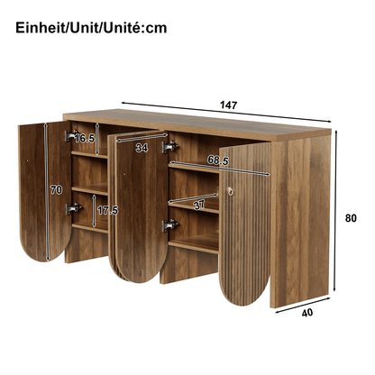 Elegantes Sideboard in Walnussoptik – 147×40×80 cm mit 4 Türen, verstellbaren Einlegeböden & Alugriffen – Vielseitiger Aufbewahrungsschrank für Wohnzimmer, Esszimmer & Flur