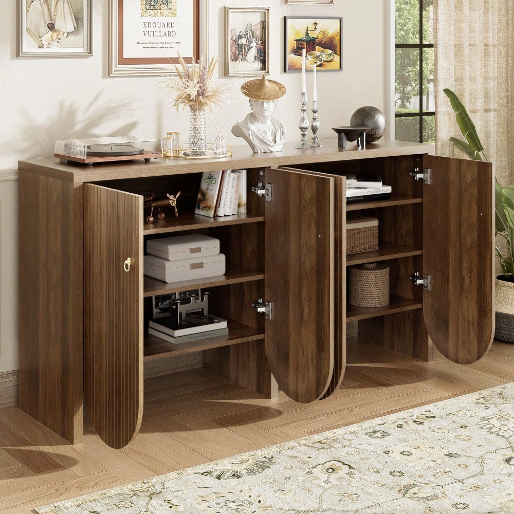 Elegantes Sideboard in Walnussoptik – 147×40×80 cm mit 4 Türen, verstellbaren Einlegeböden & Alugriffen – Vielseitiger Aufbewahrungsschrank für Wohnzimmer, Esszimmer & Flur
