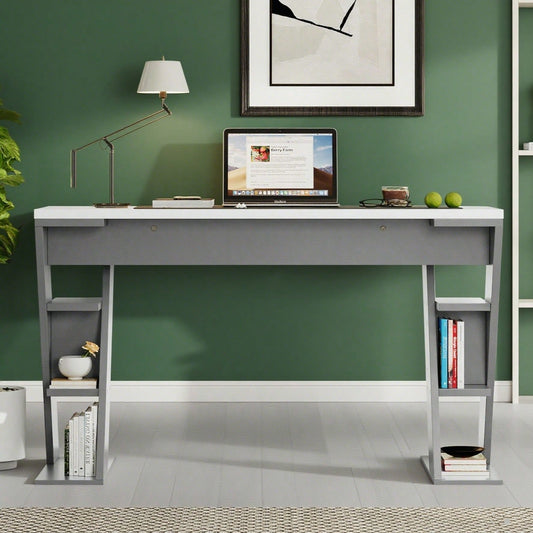 120 x 50 x 74 cm einfacher Schreibtisch, Schreibtisch mit X-förmiger Halterung, Lagerregal mit sechs Positionen, farblich abgestimmtes Design in Grau und Weiß, stilvoll und robust, Grau + Weiß