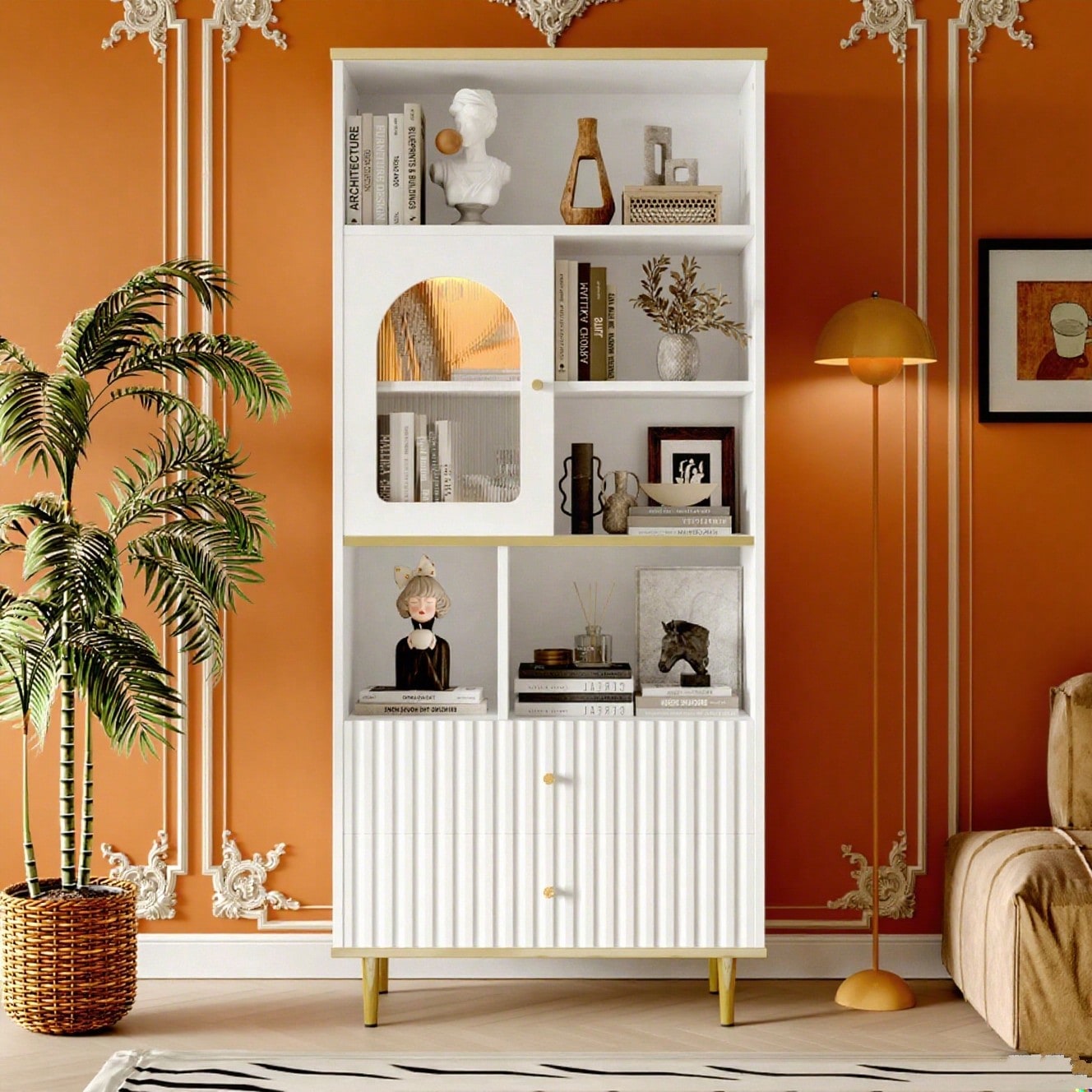 78 x 36 x 180cm Multifunktionales Bücherregal, mehrschichtige Aufbewahrung, transparente Schranktür, zwei geräuschlose Schubladen + ferngesteuerte Farbwechsel-Lichtleiste, Metallfußdesign,  weiß