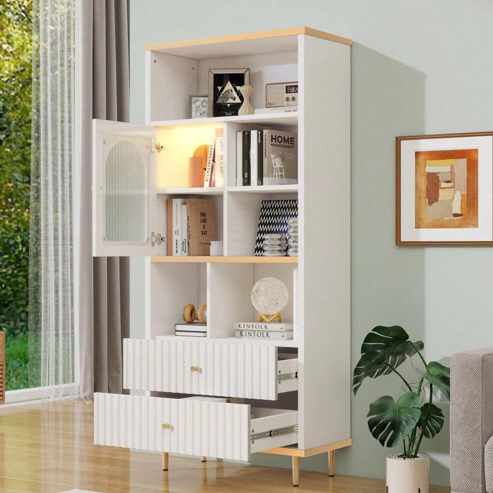 78 x 36 x 180cm Multifunktionales Bücherregal, mehrschichtige Aufbewahrung, transparente Schranktür, zwei geräuschlose Schubladen + ferngesteuerte Farbwechsel-Lichtleiste, Metallfußdesign,  weiß