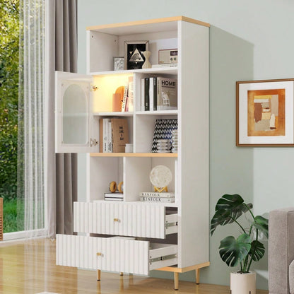 78 x 36 x 180cm Multifunktionales Bücherregal, mehrschichtige Aufbewahrung, transparente Schranktür, zwei geräuschlose Schubladen + ferngesteuerte Farbwechsel-Lichtleiste, Metallfußdesign,  weiß