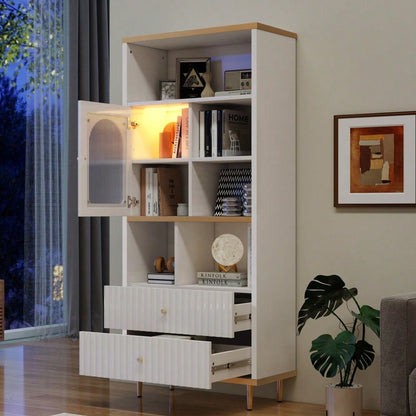 78 x 36 x 180cm Multifunktionales Bücherregal, mehrschichtige Aufbewahrung, transparente Schranktür, zwei geräuschlose Schubladen + ferngesteuerte Farbwechsel-Lichtleiste, Metallfußdesign,  weiß