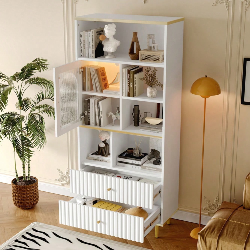 78 x 36 x 180cm Multifunktionales Bücherregal, mehrschichtige Aufbewahrung, transparente Schranktür, zwei geräuschlose Schubladen + ferngesteuerte Farbwechsel-Lichtleiste, Metallfußdesign,  weiß