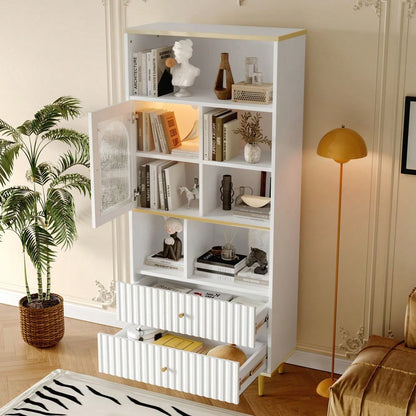 78 x 36 x 180cm Multifunktionales Bücherregal, mehrschichtige Aufbewahrung, transparente Schranktür, zwei geräuschlose Schubladen + ferngesteuerte Farbwechsel-Lichtleiste, Metallfußdesign,  weiß