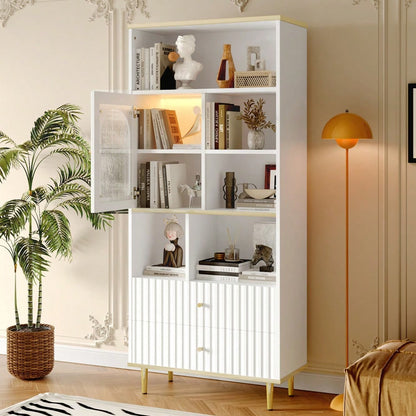 78 x 36 x 180cm Multifunktionales Bücherregal, mehrschichtige Aufbewahrung, transparente Schranktür, zwei geräuschlose Schubladen + ferngesteuerte Farbwechsel-Lichtleiste, Metallfußdesign,  weiß