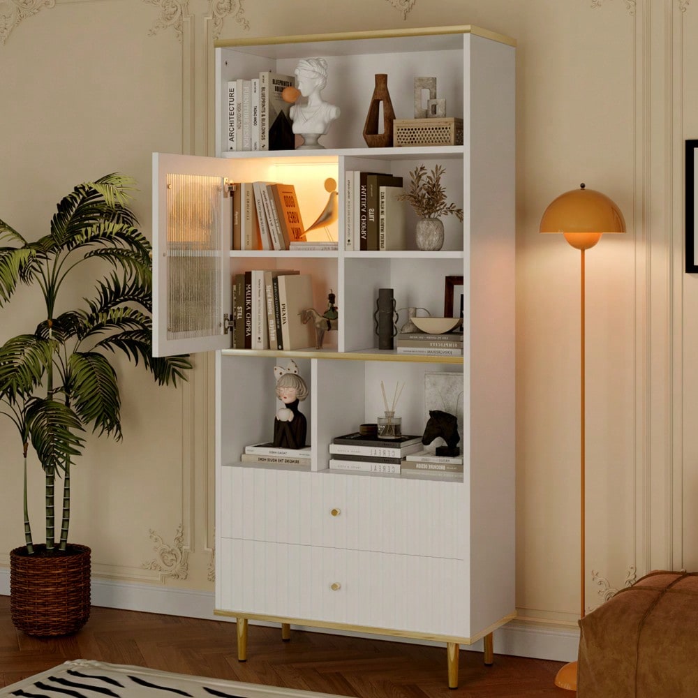 78 x 36 x 180cm Multifunktionales Bücherregal, mehrschichtige Aufbewahrung, transparente Schranktür, zwei geräuschlose Schubladen + ferngesteuerte Farbwechsel-Lichtleiste, Metallfußdesign,  weiß