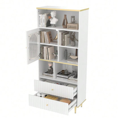 78 x 36 x 180cm Multifunktionales Bücherregal, mehrschichtige Aufbewahrung, transparente Schranktür, zwei geräuschlose Schubladen + ferngesteuerte Farbwechsel-Lichtleiste, Metallfußdesign,  weiß