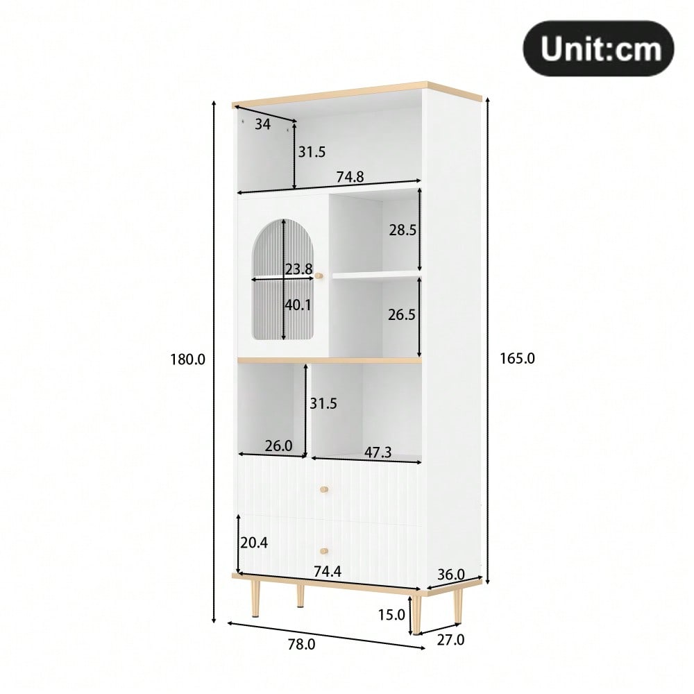 78 x 36 x 180cm Multifunktionales Bücherregal, mehrschichtige Aufbewahrung, transparente Schranktür, zwei geräuschlose Schubladen + ferngesteuerte Farbwechsel-Lichtleiste, Metallfußdesign,  weiß