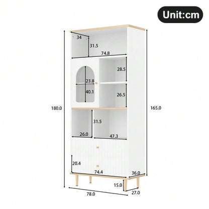 78 x 36 x 180cm Multifunktionales Bücherregal, mehrschichtige Aufbewahrung, transparente Schranktür, zwei geräuschlose Schubladen + ferngesteuerte Farbwechsel-Lichtleiste, Metallfußdesign,  weiß