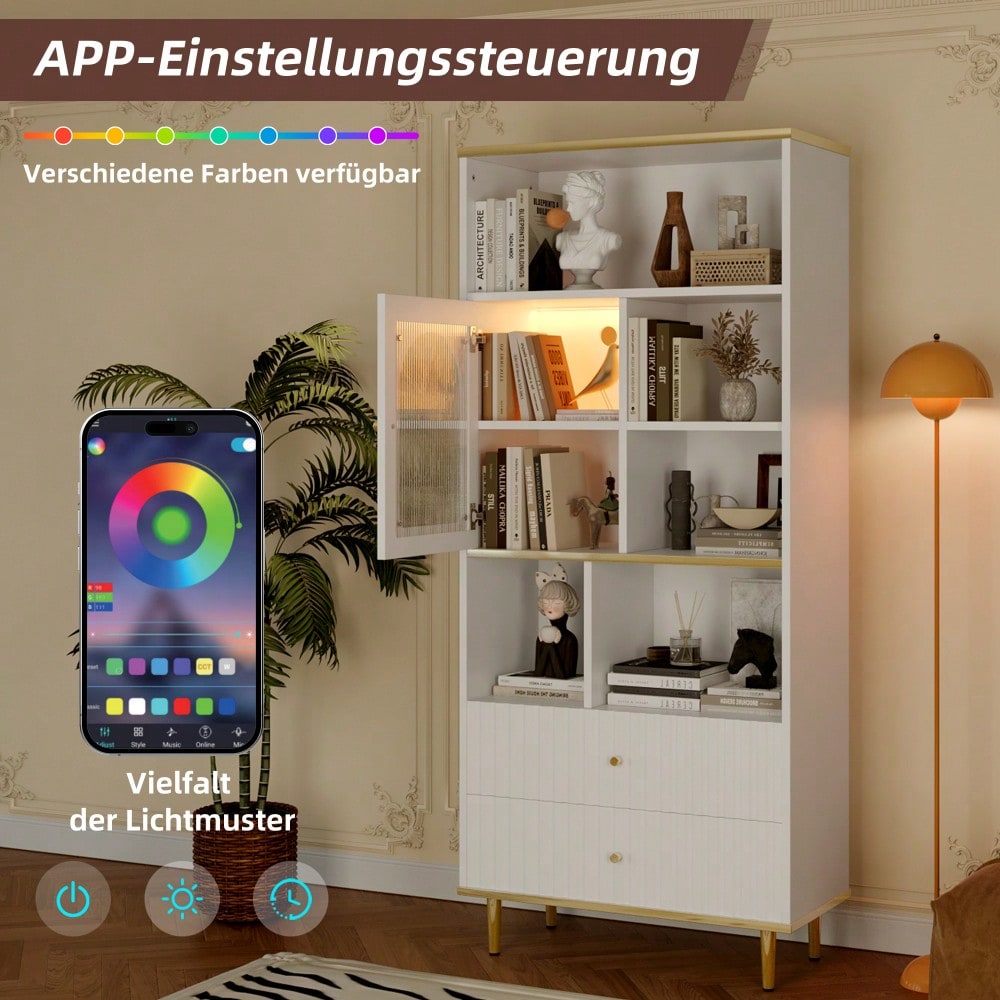 78 x 36 x 180cm Multifunktionales Bücherregal, mehrschichtige Aufbewahrung, transparente Schranktür, zwei geräuschlose Schubladen + ferngesteuerte Farbwechsel-Lichtleiste, Metallfußdesign,  weiß