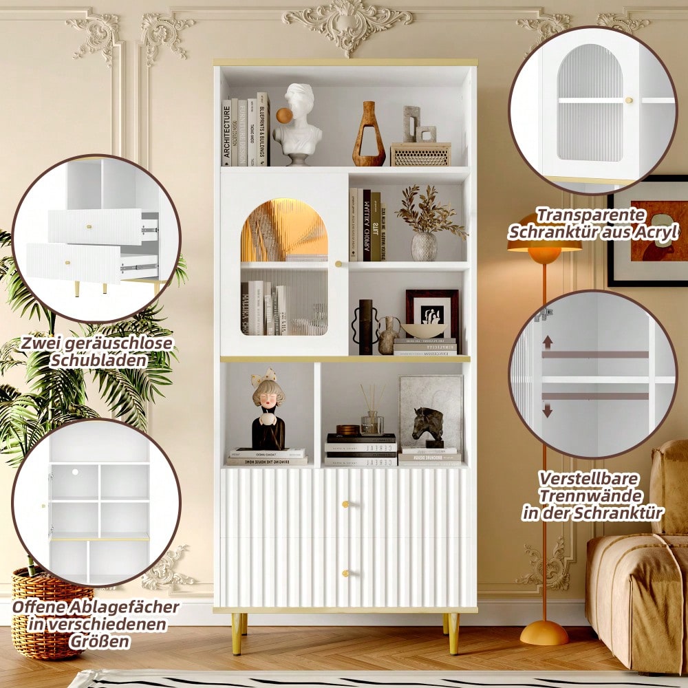78 x 36 x 180cm Multifunktionales Bücherregal, mehrschichtige Aufbewahrung, transparente Schranktür, zwei geräuschlose Schubladen + ferngesteuerte Farbwechsel-Lichtleiste, Metallfußdesign,  weiß