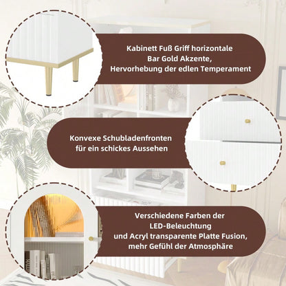 78 x 36 x 180cm Multifunktionales Bücherregal, mehrschichtige Aufbewahrung, transparente Schranktür, zwei geräuschlose Schubladen + ferngesteuerte Farbwechsel-Lichtleiste, Metallfußdesign,  weiß