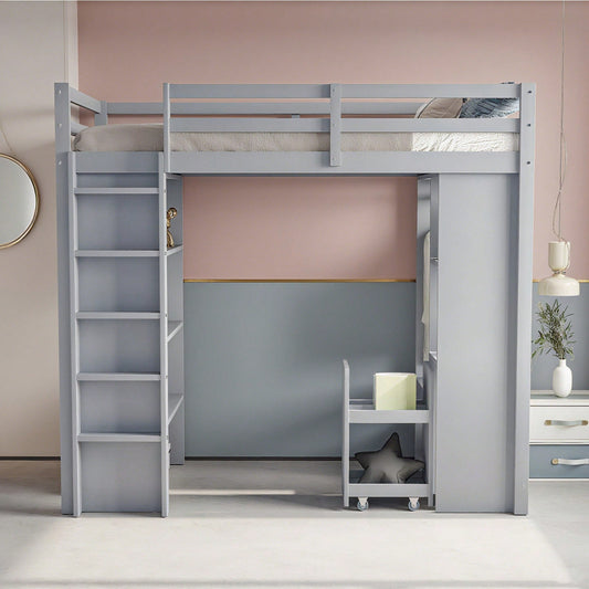 Kinderhochbett 90*200 cm, Mit Mehrstufigen Regalen, Mit Einfachen Kleiderbügeln und Ablagefächern, Mit 1 Herausnehmbaren Organisationswagen, Viel Stauraum, Jugendbett, Einzelbett, Grau