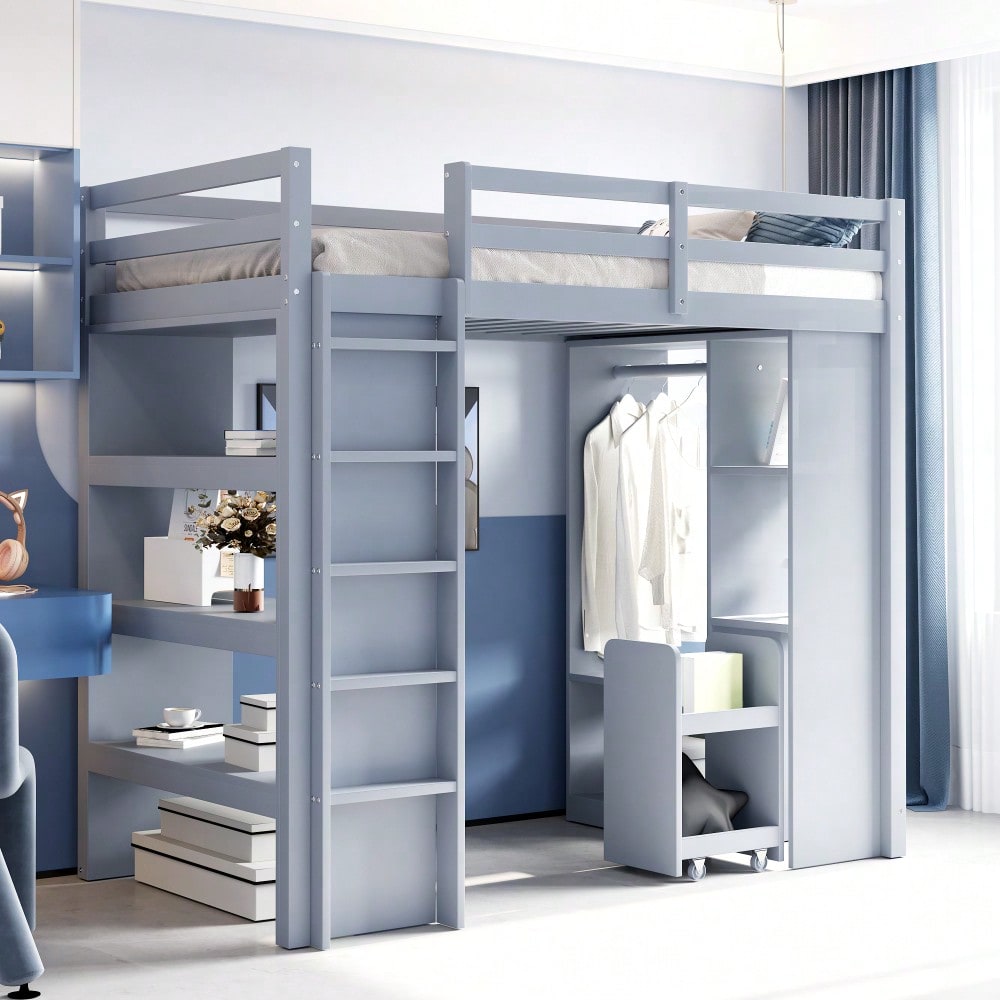 Kinderhochbett 90*200 cm, Mit Mehrstufigen Regalen, Mit Einfachen Kleiderbügeln und Ablagefächern, Mit 1 Herausnehmbaren Organisationswagen, Viel Stauraum, Jugendbett, Einzelbett, Grau