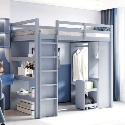 Kinderhochbett 90*200 cm, Mit Mehrstufigen Regalen, Mit Einfachen Kleiderbügeln und Ablagefächern, Mit 1 Herausnehmbaren Organisationswagen, Viel Stauraum, Jugendbett, Einzelbett, Grau