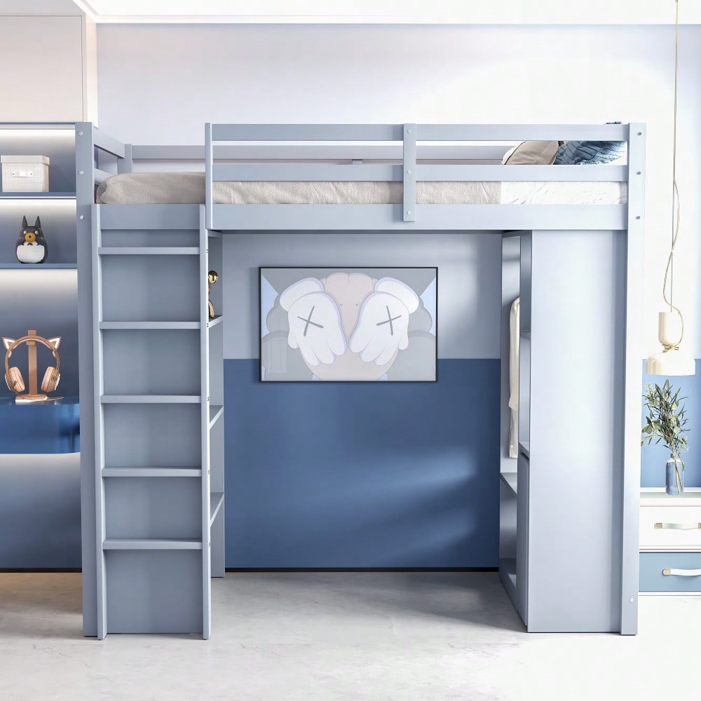 Kinderhochbett 90*200 cm, Mit Mehrstufigen Regalen, Mit Einfachen Kleiderbügeln und Ablagefächern, Mit 1 Herausnehmbaren Organisationswagen, Viel Stauraum, Jugendbett, Einzelbett, Grau