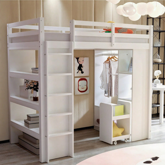 Kinderhochbett 90*200 cm, Mit Mehrstufigen Regalen, Mit Einfachen Kleiderbügeln und Ablagefächern, Mit 1 Herausnehmbaren Organisationswagen, Viel Stauraum, Jugendbett, Einzelbett, Weiß