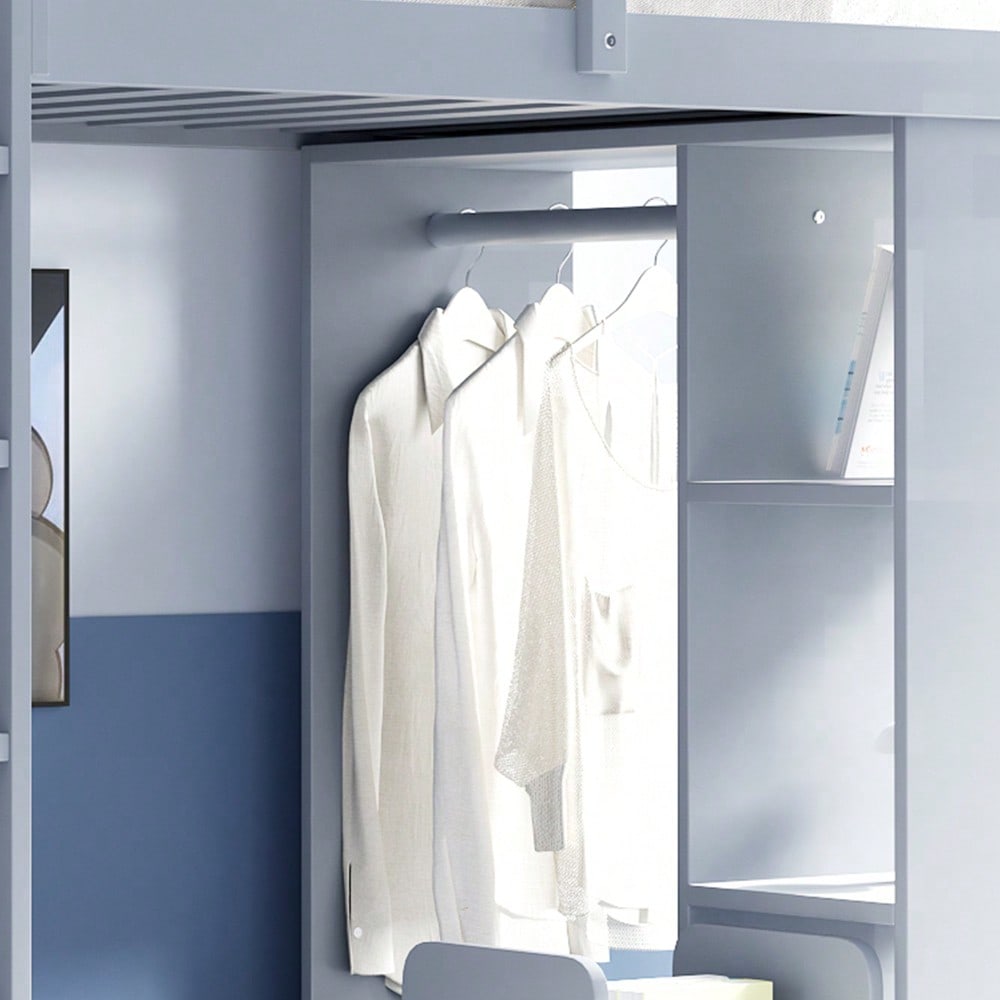Kinderhochbett 90*200 cm, Mit Mehrstufigen Regalen, Mit Einfachen Kleiderbügeln und Ablagefächern, Mit 1 Herausnehmbaren Organisationswagen, Viel Stauraum, Jugendbett, Einzelbett, Grau