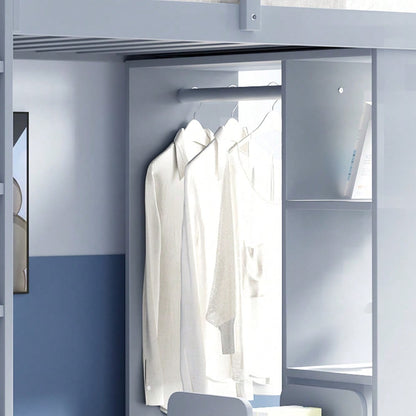 Kinderhochbett 90*200 cm, Mit Mehrstufigen Regalen, Mit Einfachen Kleiderbügeln und Ablagefächern, Mit 1 Herausnehmbaren Organisationswagen, Viel Stauraum, Jugendbett, Einzelbett, Grau