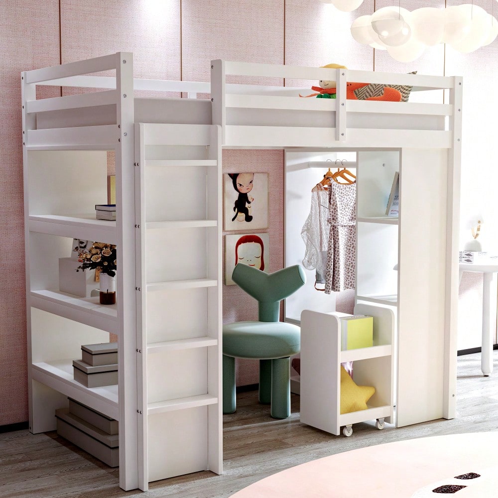 Kinderhochbett 90*200 cm, Mit Mehrstufigen Regalen, Mit Einfachen Kleiderbügeln und Ablagefächern, Mit 1 Herausnehmbaren Organisationswagen, Viel Stauraum, Jugendbett, Einzelbett, Weiß