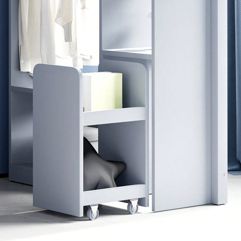 Kinderhochbett 90*200 cm, Mit Mehrstufigen Regalen, Mit Einfachen Kleiderbügeln und Ablagefächern, Mit 1 Herausnehmbaren Organisationswagen, Viel Stauraum, Jugendbett, Einzelbett, Grau