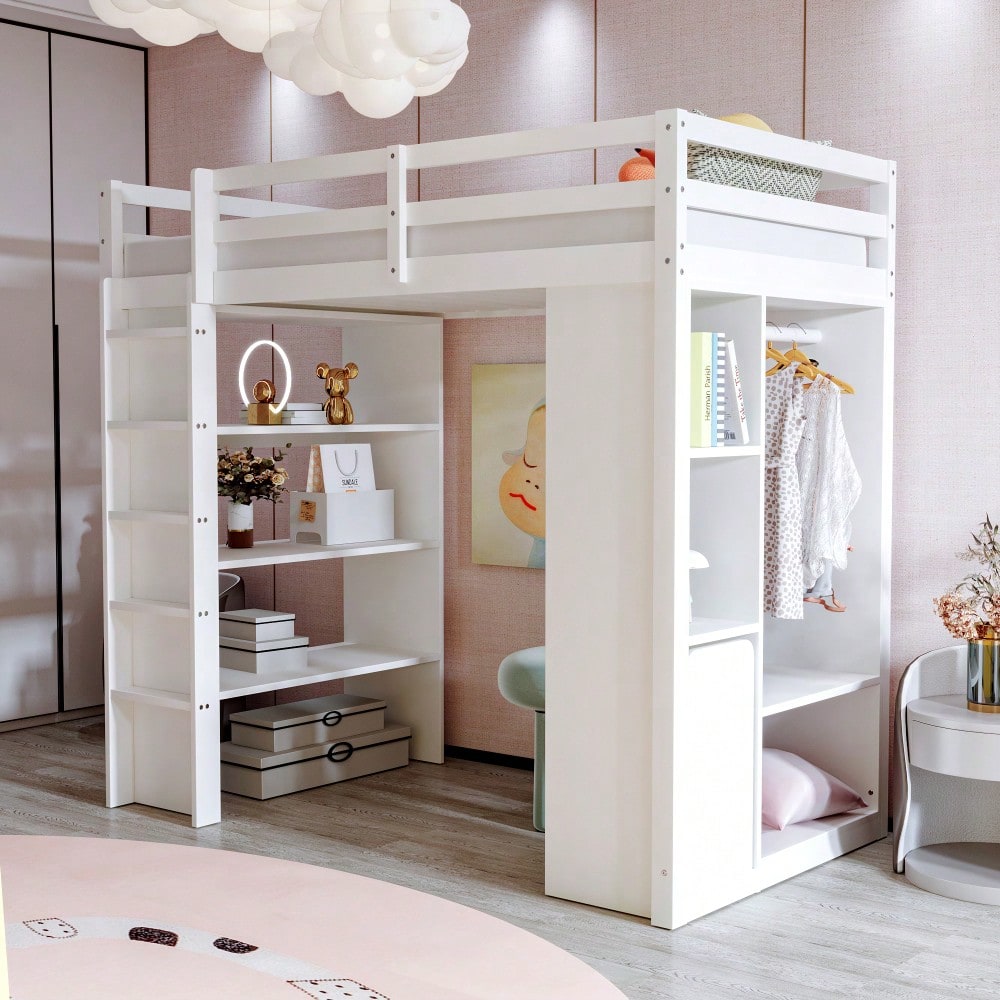 Kinderhochbett 90*200 cm, Mit Mehrstufigen Regalen, Mit Einfachen Kleiderbügeln und Ablagefächern, Mit 1 Herausnehmbaren Organisationswagen, Viel Stauraum, Jugendbett, Einzelbett, Weiß
