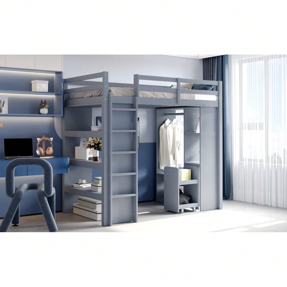 Kinderhochbett 90*200 cm, Mit Mehrstufigen Regalen, Mit Einfachen Kleiderbügeln und Ablagefächern, Mit 1 Herausnehmbaren Organisationswagen, Viel Stauraum, Jugendbett, Einzelbett, Grau