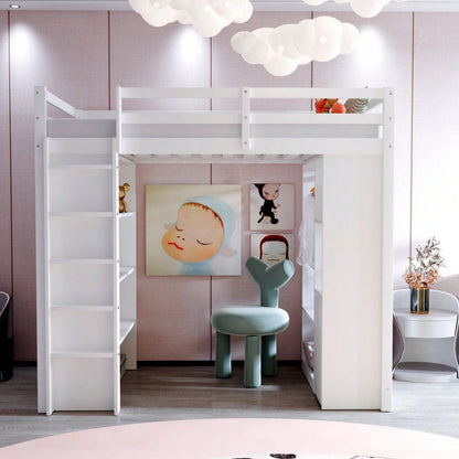 Kinderhochbett 90*200 cm, Mit Mehrstufigen Regalen, Mit Einfachen Kleiderbügeln und Ablagefächern, Mit 1 Herausnehmbaren Organisationswagen, Viel Stauraum, Jugendbett, Einzelbett, Weiß