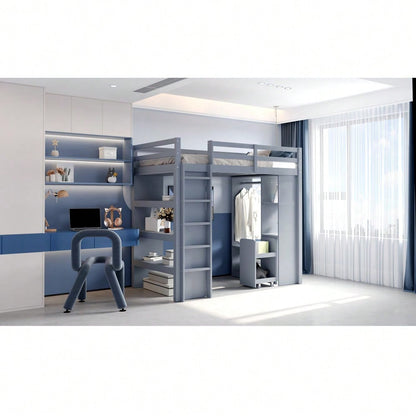 Kinderhochbett 90*200 cm, Mit Mehrstufigen Regalen, Mit Einfachen Kleiderbügeln und Ablagefächern, Mit 1 Herausnehmbaren Organisationswagen, Viel Stauraum, Jugendbett, Einzelbett, Grau