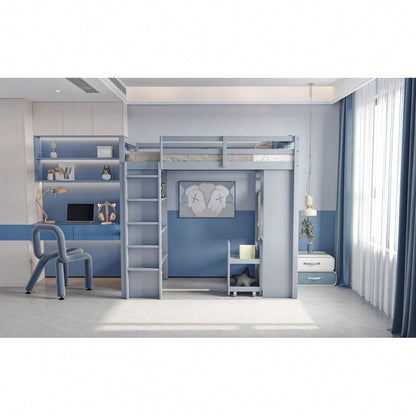 Kinderhochbett 90*200 cm, Mit Mehrstufigen Regalen, Mit Einfachen Kleiderbügeln und Ablagefächern, Mit 1 Herausnehmbaren Organisationswagen, Viel Stauraum, Jugendbett, Einzelbett, Grau