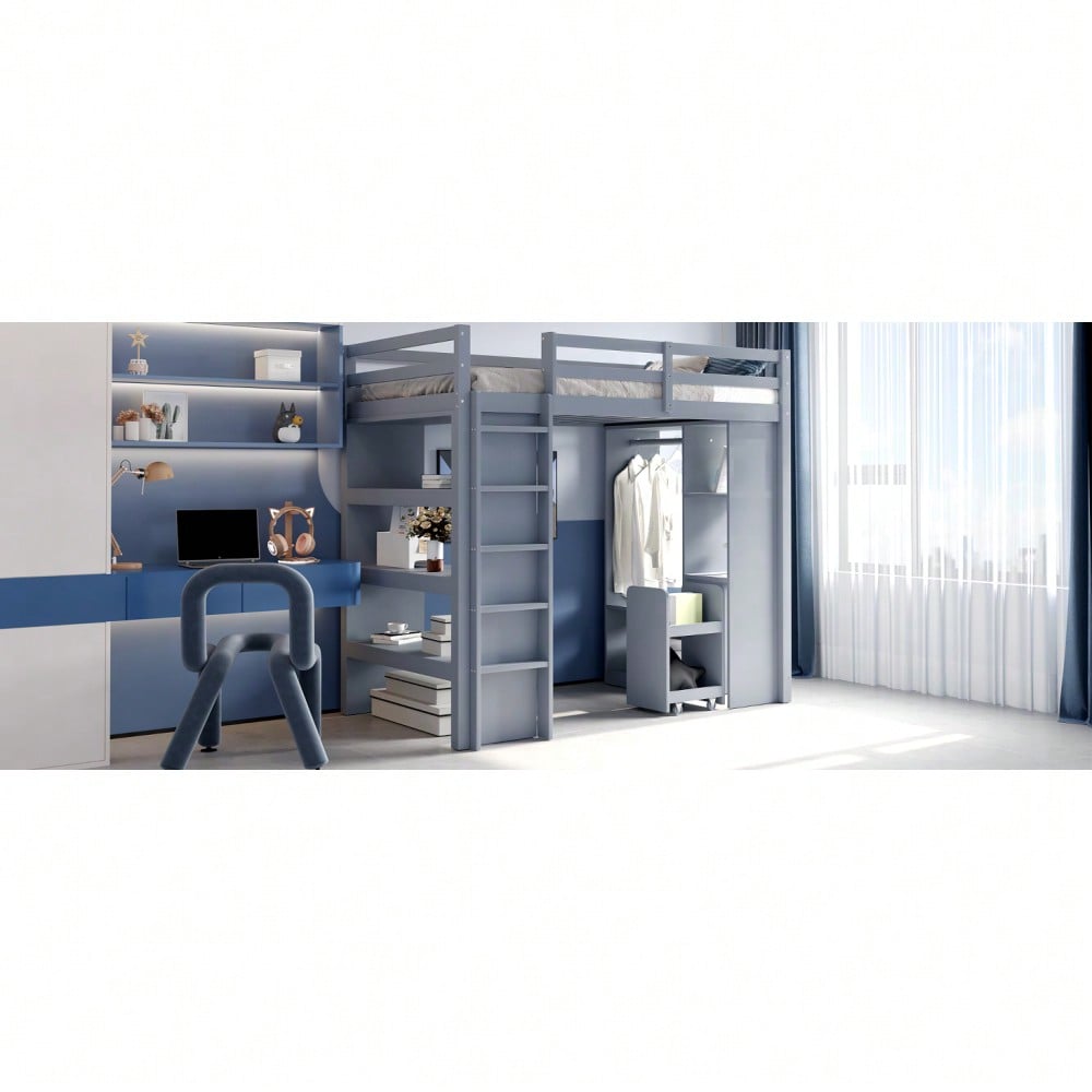 Kinderhochbett 90*200 cm, Mit Mehrstufigen Regalen, Mit Einfachen Kleiderbügeln und Ablagefächern, Mit 1 Herausnehmbaren Organisationswagen, Viel Stauraum, Jugendbett, Einzelbett, Grau