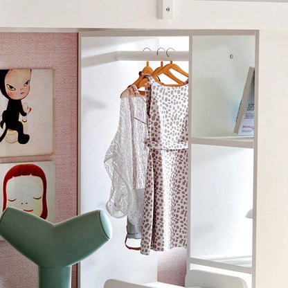 Kinderhochbett 90*200 cm, Mit Mehrstufigen Regalen, Mit Einfachen Kleiderbügeln und Ablagefächern, Mit 1 Herausnehmbaren Organisationswagen, Viel Stauraum, Jugendbett, Einzelbett, Weiß