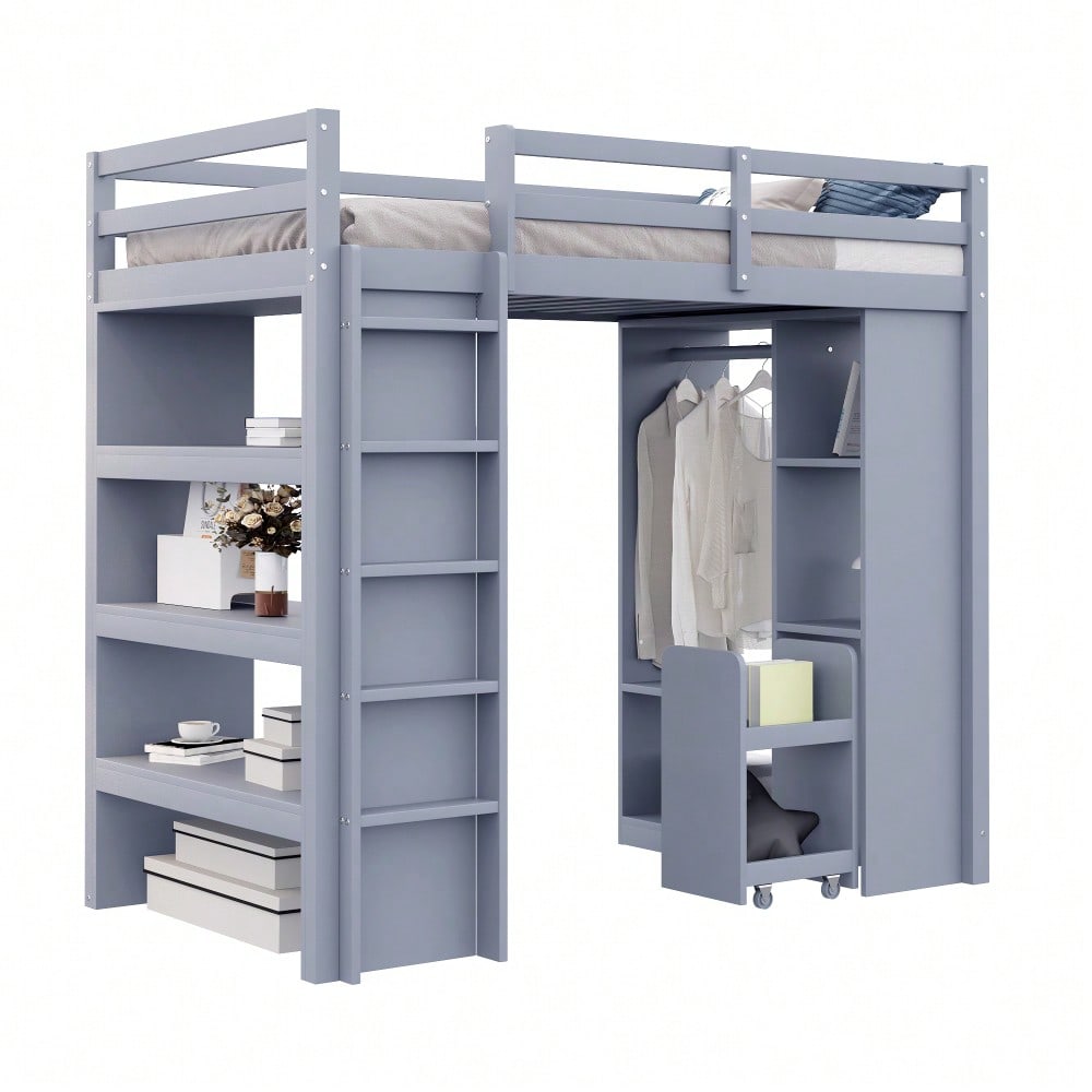 Kinderhochbett 90*200 cm, Mit Mehrstufigen Regalen, Mit Einfachen Kleiderbügeln und Ablagefächern, Mit 1 Herausnehmbaren Organisationswagen, Viel Stauraum, Jugendbett, Einzelbett, Grau