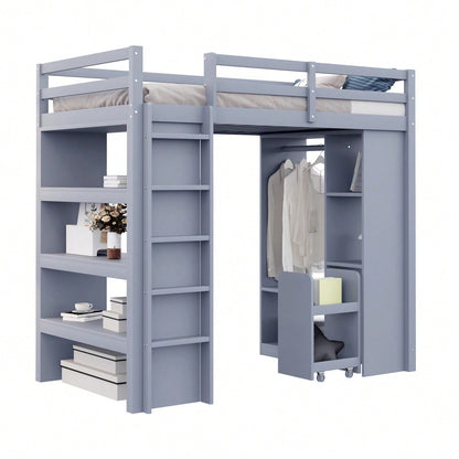 Kinderhochbett 90*200 cm, Mit Mehrstufigen Regalen, Mit Einfachen Kleiderbügeln und Ablagefächern, Mit 1 Herausnehmbaren Organisationswagen, Viel Stauraum, Jugendbett, Einzelbett, Grau