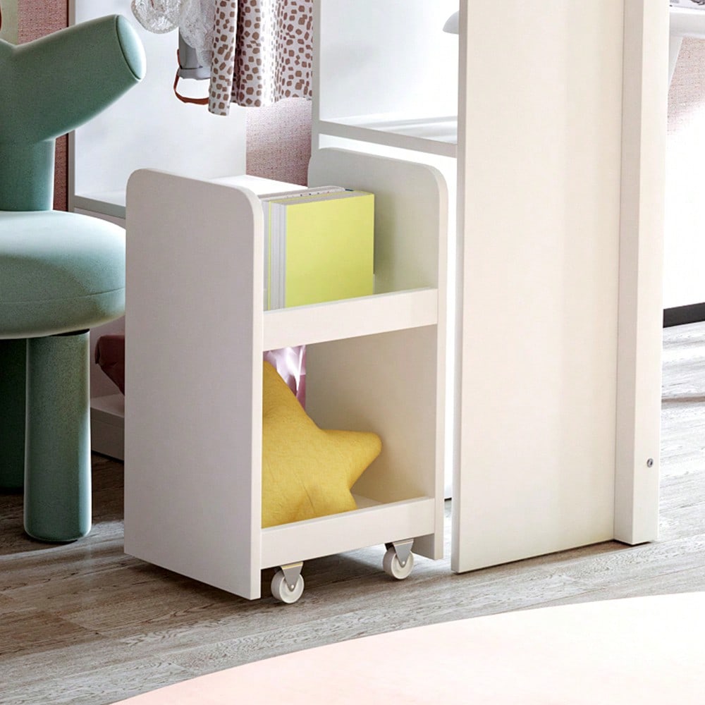 Kinderhochbett 90*200 cm, Mit Mehrstufigen Regalen, Mit Einfachen Kleiderbügeln und Ablagefächern, Mit 1 Herausnehmbaren Organisationswagen, Viel Stauraum, Jugendbett, Einzelbett, Weiß