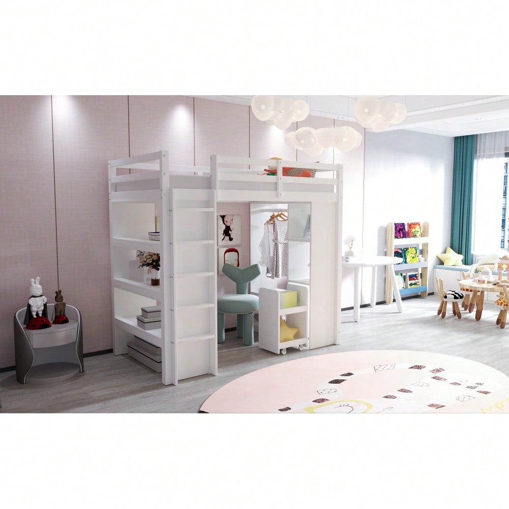 Kinderhochbett 90*200 cm, Mit Mehrstufigen Regalen, Mit Einfachen Kleiderbügeln und Ablagefächern, Mit 1 Herausnehmbaren Organisationswagen, Viel Stauraum, Jugendbett, Einzelbett, Weiß