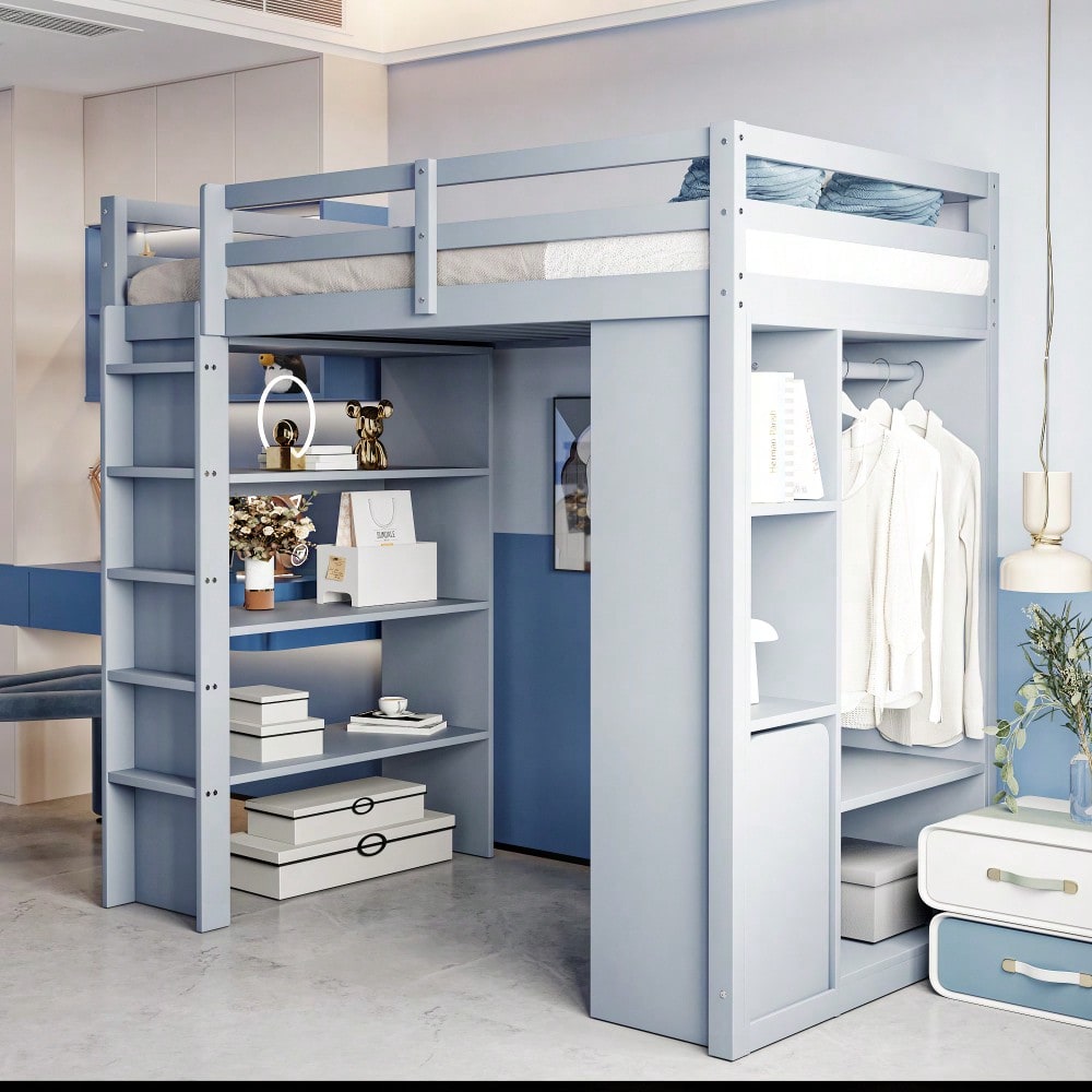 Kinderhochbett 90*200 cm, Mit Mehrstufigen Regalen, Mit Einfachen Kleiderbügeln und Ablagefächern, Mit 1 Herausnehmbaren Organisationswagen, Viel Stauraum, Jugendbett, Einzelbett, Grau
