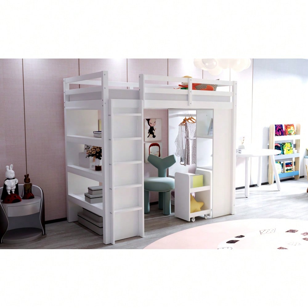 Kinderhochbett 90*200 cm, Mit Mehrstufigen Regalen, Mit Einfachen Kleiderbügeln und Ablagefächern, Mit 1 Herausnehmbaren Organisationswagen, Viel Stauraum, Jugendbett, Einzelbett, Weiß