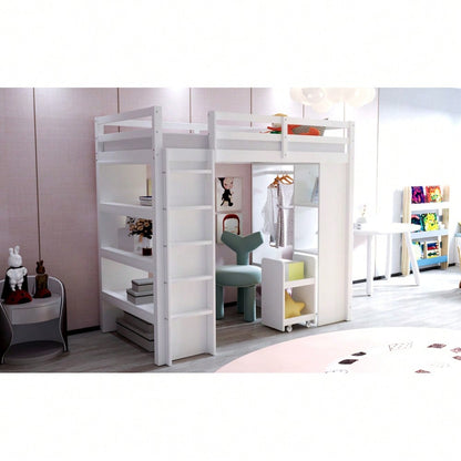 Kinderhochbett 90*200 cm, Mit Mehrstufigen Regalen, Mit Einfachen Kleiderbügeln und Ablagefächern, Mit 1 Herausnehmbaren Organisationswagen, Viel Stauraum, Jugendbett, Einzelbett, Weiß