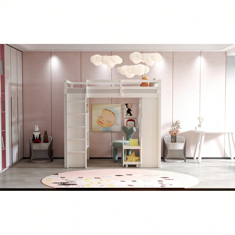 Kinderhochbett 90*200 cm, Mit Mehrstufigen Regalen, Mit Einfachen Kleiderbügeln und Ablagefächern, Mit 1 Herausnehmbaren Organisationswagen, Viel Stauraum, Jugendbett, Einzelbett, Weiß