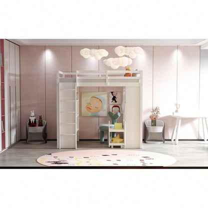 Kinderhochbett 90*200 cm, Mit Mehrstufigen Regalen, Mit Einfachen Kleiderbügeln und Ablagefächern, Mit 1 Herausnehmbaren Organisationswagen, Viel Stauraum, Jugendbett, Einzelbett, Weiß