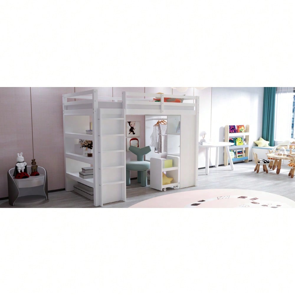 Kinderhochbett 90*200 cm, Mit Mehrstufigen Regalen, Mit Einfachen Kleiderbügeln und Ablagefächern, Mit 1 Herausnehmbaren Organisationswagen, Viel Stauraum, Jugendbett, Einzelbett, Weiß